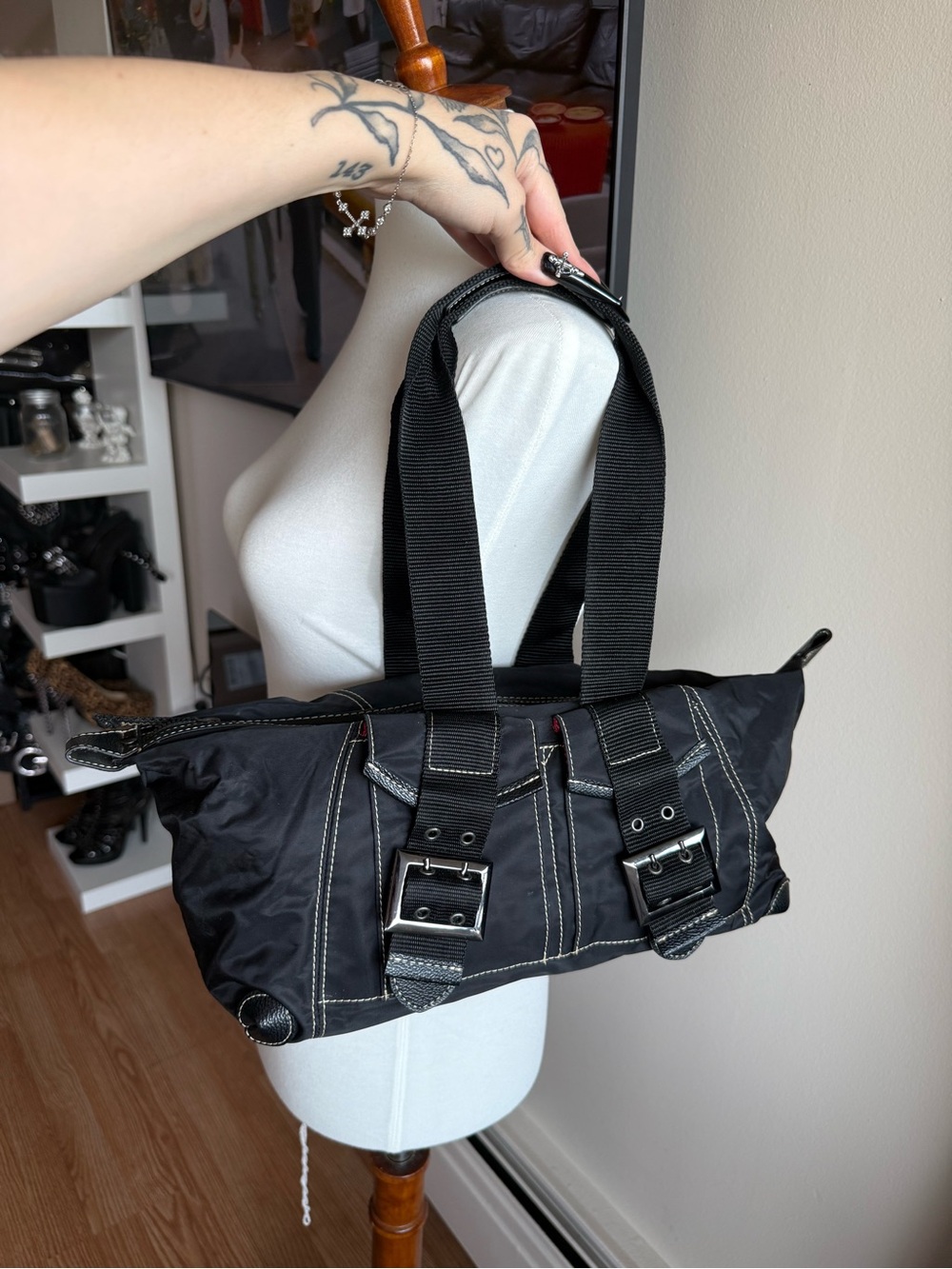 Jacob Black Nylon Belt-Buckle Shoulder Bag